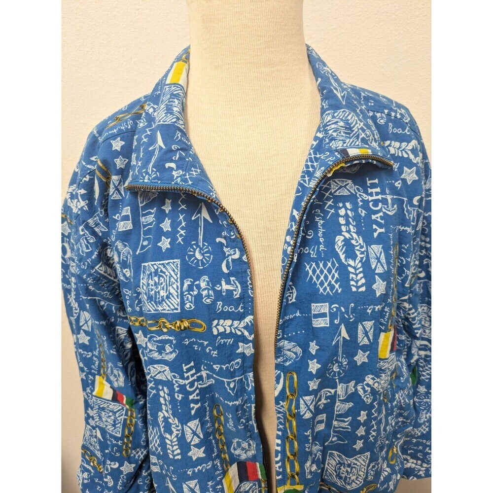 Vintage Lizsport 90s Y2k Blue Nautical Coastal Print Bomber Jacket sz M Retro - Picture 4 of 13